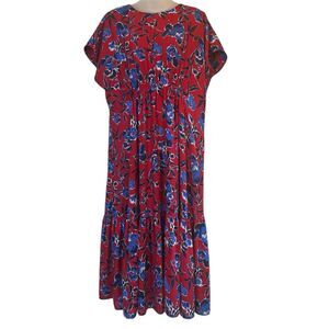 Halogen Red Blue Floral Midi Dress L Tiered Short Sleeve Relaxed Fit
